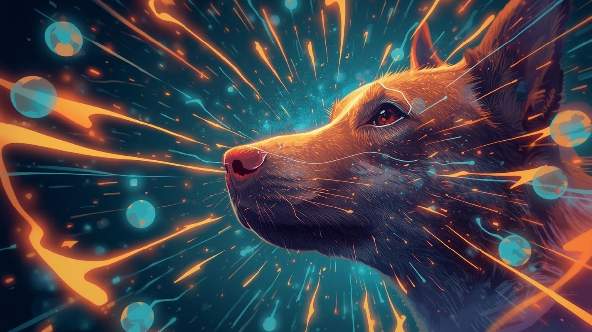 Dog sensing surroundings using vision, smell and hearing